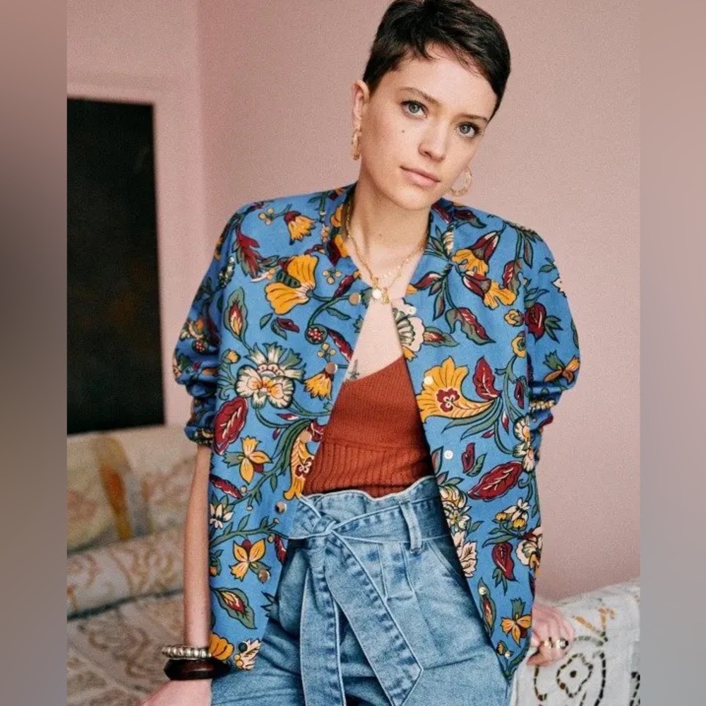 NWT Sézane Mike Jacket Blue Spring Print sz FR 36 US 4